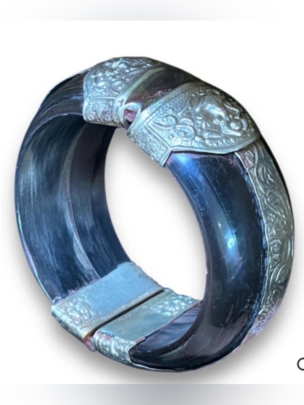 Vintage‎ Tribal Brutalist Art Deco Wood Intricate Engraved Horn Hinged Bracelet